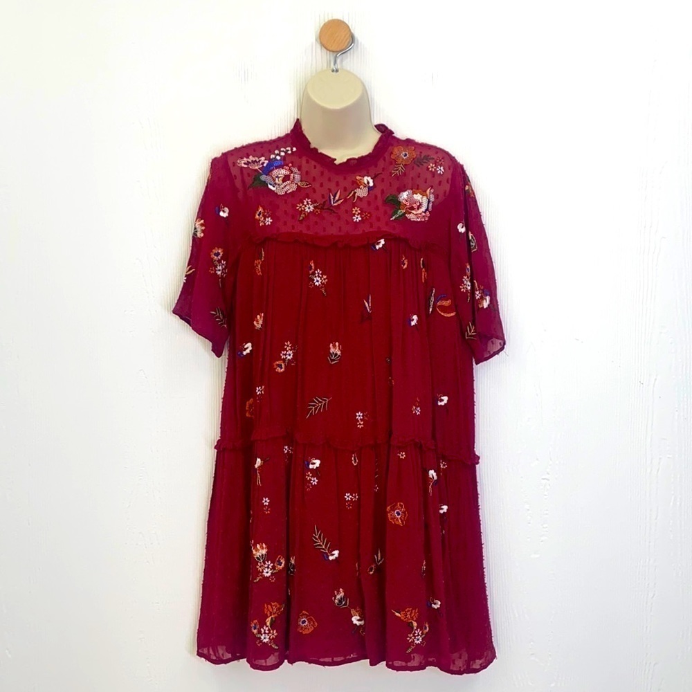 Zara- Red Embroidered Flowers and Sequins Tiered Dress Size XS